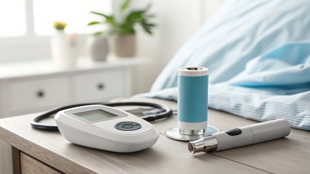 Medical Devices on Bedside Table with Glucometer and More