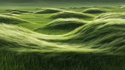 Wind-blown green grass creating undulating waves across a vast field under natural light