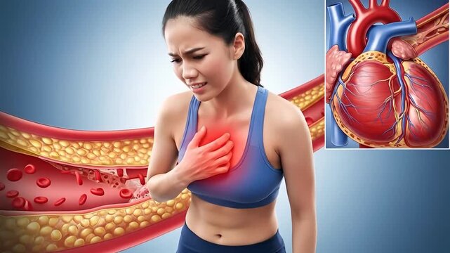 Woman Experiencing Chest Pain With Anatomical Heart And Artery