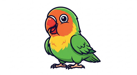 Colorful cartoon parrot with vibrant green orange and yellow feathers standing alone