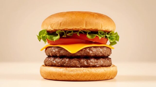 Cinematic double cheeseburger assembly on clean background with studio commercial lighting