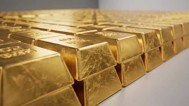 A collection of gold bullion bars arranged in a neat and orderly fashion showcasing wealth and luxury in a vibrant composition