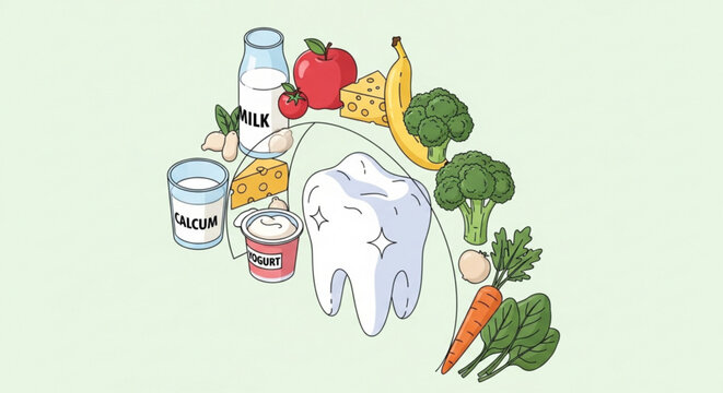 Healthy food for strong teeth and good oral hygiene with milk fruits vegetables and calcium