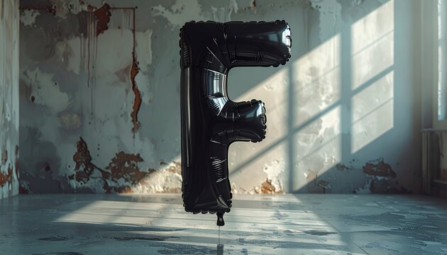 Black Letter F Balloon Floating in an Abandoned Room with Sunlight.