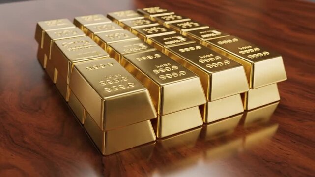Close-up of stacked gold bars with detailed inscriptions resting on a polished wooden surface