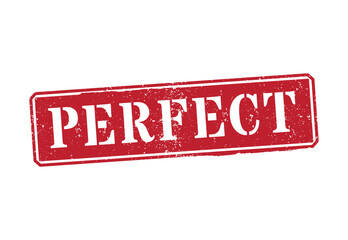 Bold red rectangular perfect rubber stamp with heavy grunge texture and solid background on white isolated