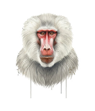 A striking watercolor portrait of a serious Hamadryas baboon featuring white fur and a red face