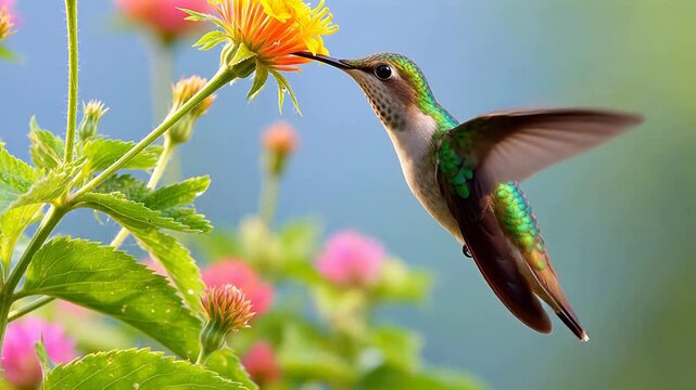 A small hummingbird with iridescent feathers hovers gracefully, sipping nectar from a bright orange flower in the soft sunlight