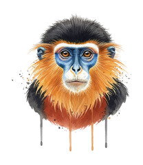 Naklejka premium Colorful Golden Snub Nosed Monkey Head Portrait with Blue Face Orange Fur and Calm Expression Watercolor Painting