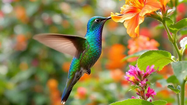 A small hummingbird with iridescent feathers hovers gracefully, sipping nectar from a bright orange flower in the soft sunlight