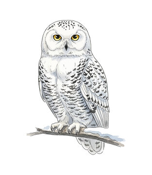 Snowy owl perching on a snow covered branch with calm observant expression watercolor illustration