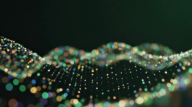 Abstract digital particles flowing in a wave-like motion, beautiful bokeh effect.