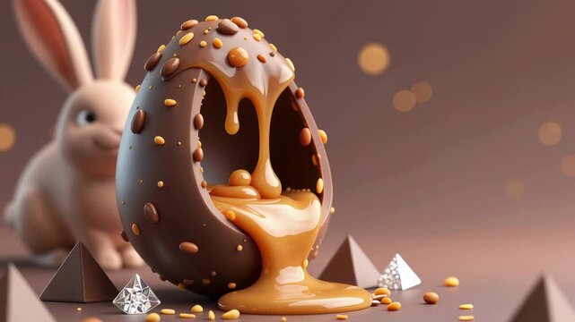 chocolate egg-shaped object with a large bite taken out, covered in melted caramel and scattered chocolate chips, standing on a brown surface with small triangular shapes.