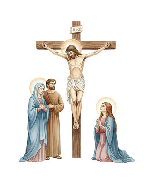 Jesus Christ crucified on the cross with Mary and John looking sorrowful in a watercolor style