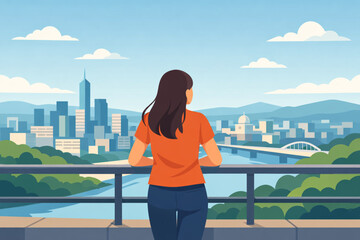 Obraz premium Woman leaning on railing overlooking city with calm determination