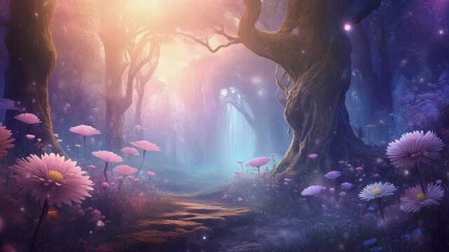 A magical, ethereal forest path with glowing pink and purple flowers under a soft, luminous sky.