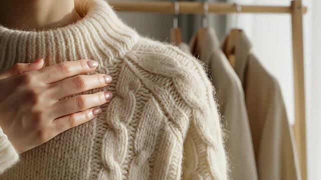 Person Adjusts Knitted Sweater Near Beige Garments on Clothing Rack