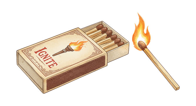 Burning match with bright flame and smoke next to an open matchbox labeled Ignite containing unlit matches