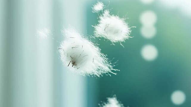 Floating white poplar fluff in slow motion with bright teal background and bokeh