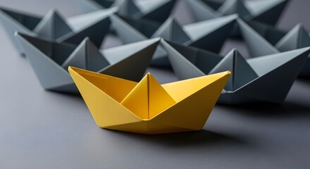 Yellow Paper Boat Leading Group of Gray Boats Showing Leadership and Uniqueness