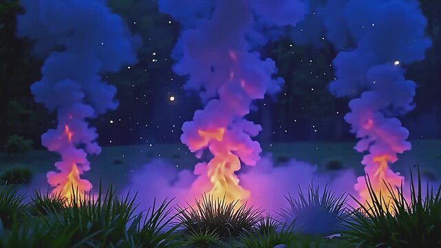 Vivid plumes explode ultraviolet flame haze, weaving bold patterns across a green background, with glowing fireflies drifting in a serene, otherworldly scene under starlight.