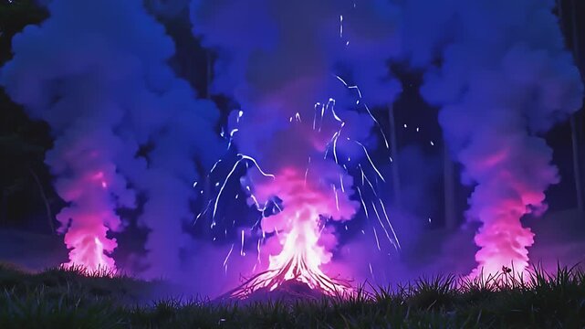 Colorful plumes explode ultraviolet flame haze, forming vibrant designs on a green background, with crackling energy swirling in a serene, otherworldly display at dawn.