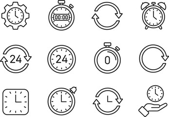 Time and clock line icons set featuring stopwatch alarm schedule refresh countdown deadline productivity management symbols