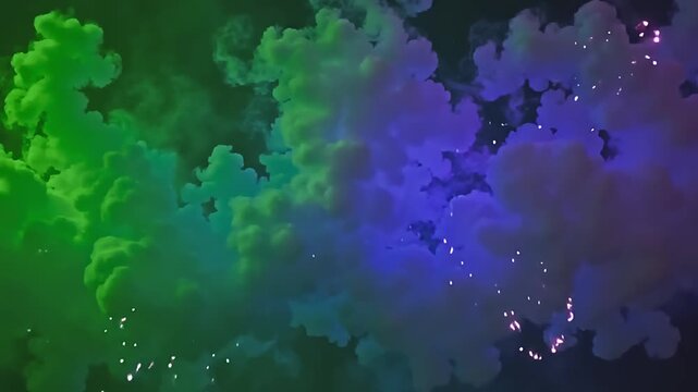 Neon mists explode ultraviolet flame haze, forming dynamic patterns on a green background, with misty swirls twinkling in a lively, electrified setting at midday.
