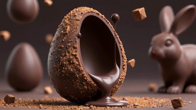 a broken chocolate Easter egg with a textured brown surface, lying on a dark surface. Surrounding it are scattered chocolate cubes and a blurred.