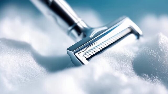 Macro close-up of silver safety razor head resting in thick white shaving foam