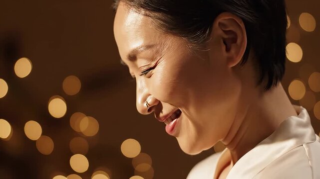 profile of smiling woman with bokeh lights