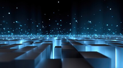Obraz premium Abstract digital landscape featuring glowing blue cubes and ethereal particles, creating a futuristic atmosphere of technology and innovation.