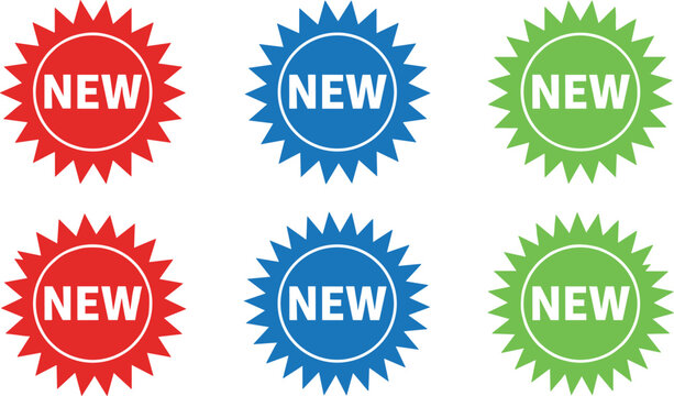 Set of colorful new product badges with starburst shapes isolated on white background for marketing design