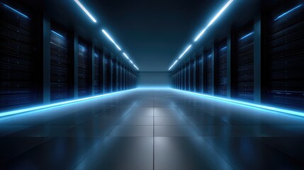 Fototapeta premium Futuristic Data Center Interior with Neon Lighting and Reflective Floor Space for Server Technology and Computing Infrastructure