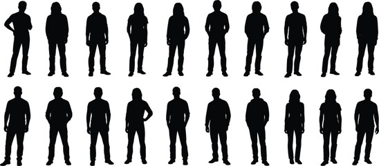 Standing people silhouettes collection, men and women human figures, full body poses, black vector illustration, isolated on white background © Salman