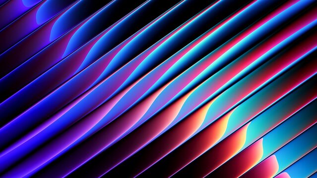 Ribbed glass with refracted neon gradient flowing through abstract parallel lines creating futuristic background for technology design, digital interfaces, creative branding, modern posters. 3d render