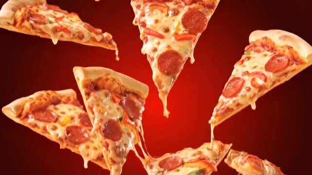 Pepperoni pizza slices floating with melted cheese on vibrant red background