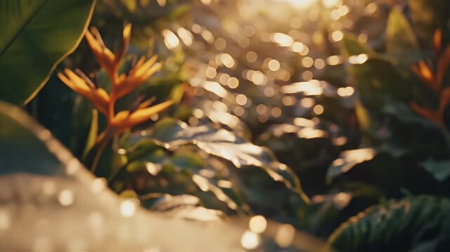 Sunlight filters through lush green leaves in a vibrant tropical forest scene.