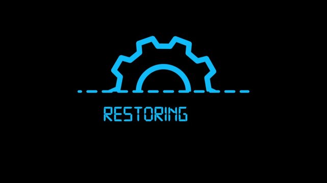 Restoring gear icon animation on black background, data recovery progress indicator, technology system restore