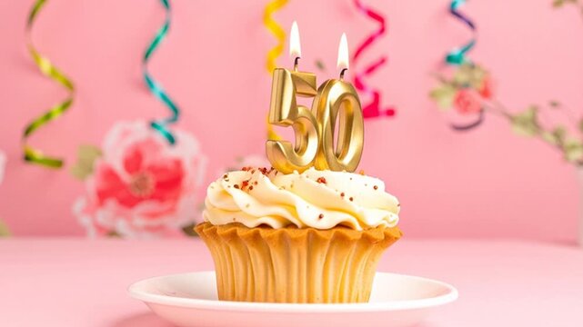 50th Birthday Celebration Cupcake with Candles.