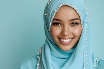 Beautiful young woman wearing a light blue headscarf adorned with pearls smiles confidently against a solid background