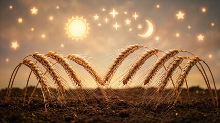Fototapeta premium Golden wheat stalks grow from fertile soil under a symbolic sky with sun, moon, and stars.