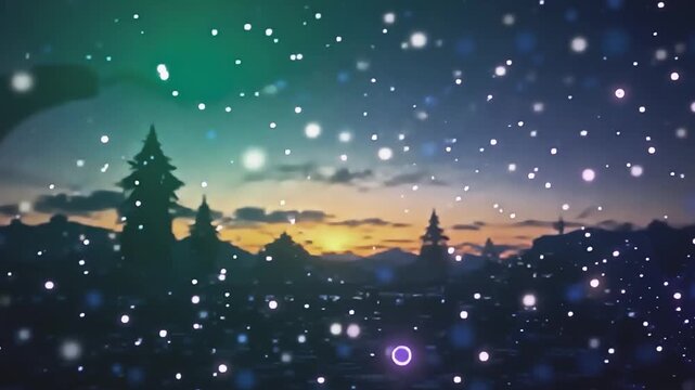Vivid tendrils explode ultraviolet flame haze, forming intricate patterns against a green background, with glowing orbs twinkling in a mystical, festive setting at dawn.