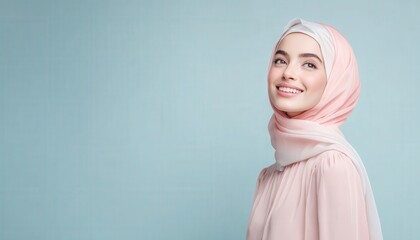 Young woman wearing a pastel pink hijab smiles looking upward against a light blue background