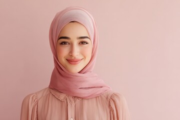 Young woman wearing a pink head covering smiles warmly against a plain background