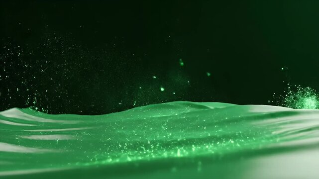 Green liquid wave motion, dynamic and abstract, dark background, artistic concept.