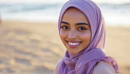 Young woman wearing a head covering smiles genuinely while standing on a sandy shore near water
