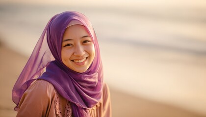 Young woman wearing a vibrant purple headscarf smiles warmly while standing outdoors near a body of water.