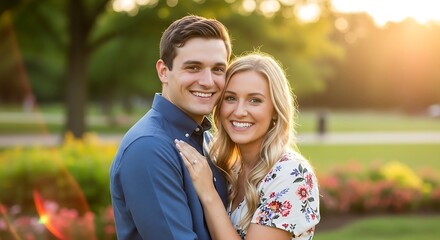 Fototapeta premium Engaged couple smiling in the park