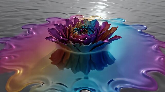 Abstract colorful liquid art splash floating on water surface with reflections.